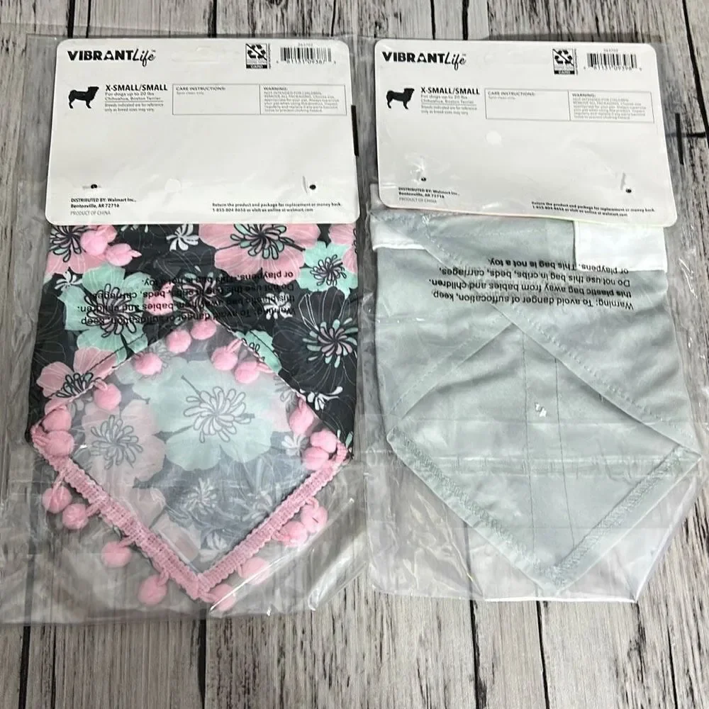 Vibrant Life Pom Edge Floral Black Tuxedo Style Gray Dog Bandana XS Lot of 2 NWT